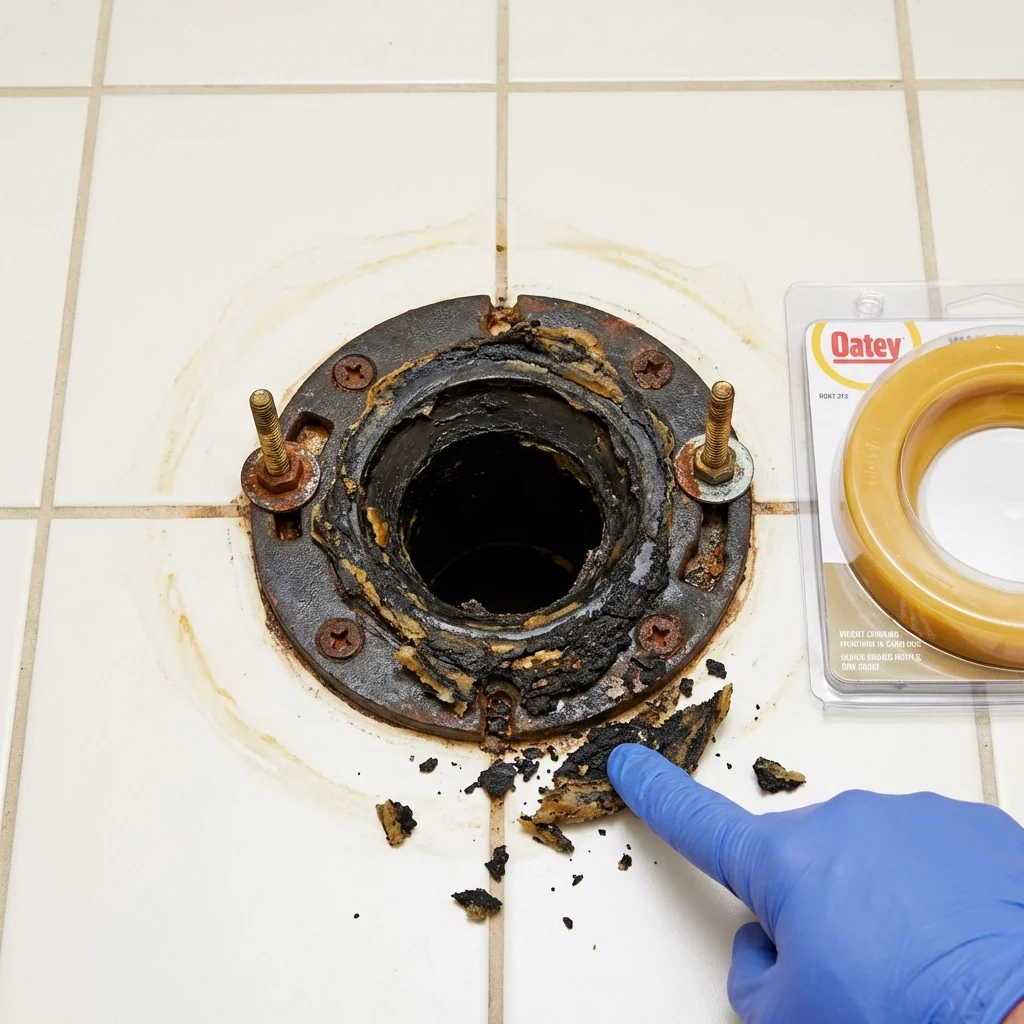 Failed wax ring showing water seepage at the base of a toilet in a Mount Vernon, AL home