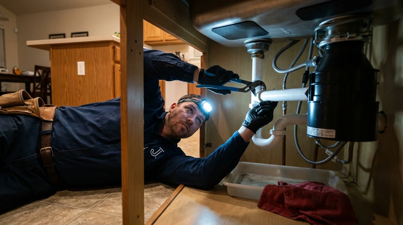 P-trap and supply line connections under a kitchen sink showing a common leak point in Mount Vernon, AL
